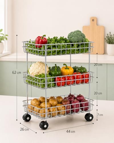 Image of Stainless Steel Modern Kitchen Storage Rack, Folding Perforated Design Trolley for Spice, Fruits, Vegetable, Onion, Potato, Organizer Stand with Wheel, 3 Layer Trolley