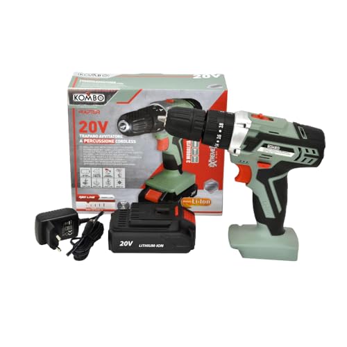 KOMBO - Trapano Avvitatore a Percussione 20V a Litio 1500mAh – Mandrino 10mm, 2 Velocità, 18+1 Posizioni di Coppia, Foratura Legno/Ferro/Muro, Batteria Ricaricabile Inclusa