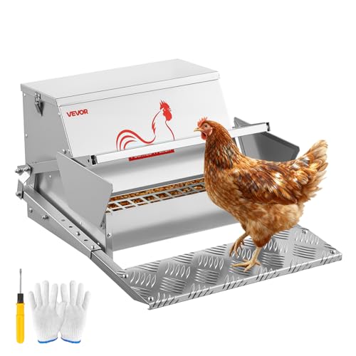 VEVOR Automatic Chicken Feeder 25 lbs Capacity Rainproof Treadle Poultry Feeder with Lockable Lid No Waste Galvanized Steel Construction Outdoor Use for Chicken Bantams Poultry Pheasants