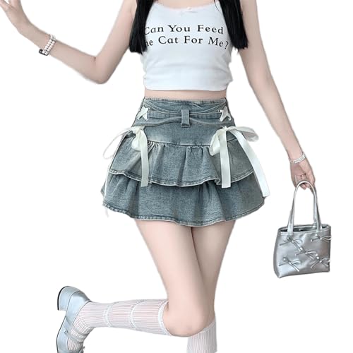 Y2K American Spicy Girl Denim Skirt, Women's Bow Low Waist Retro Pleated Skirt, Denim Cake Pleated Skirt