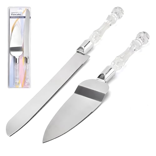 JYJLLM 2-Piece Stainless Steel Cake Knife and Server Set with Crystal Handle, Elegant Cake Cutting and Serving Utensils for Weddings, Anniversaries and Adult Celebrations