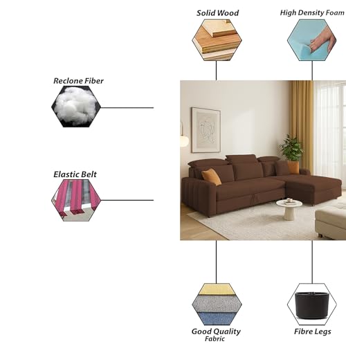 Image of Casaliving Gagnon RHS 4 Seater L Shape Corner Sofa Cum Bed for Living Room (Brown Fabric) Premium Fabric Sofa