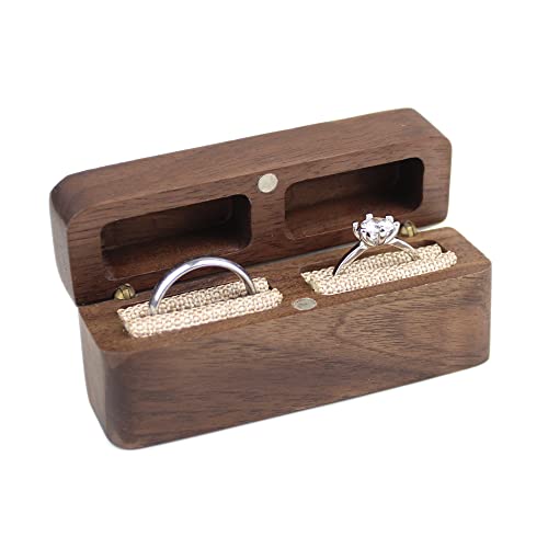 Dshom Rustic Wooden Slim Ring Box For Wedding Ceremony Walnut Flip Lid Engagement Ring Bearer Box For 2 Rings Couple Ring Wedding Bands #TOP8