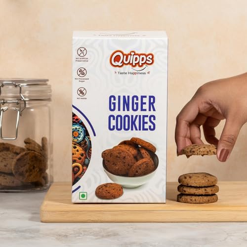 Image of Quipps Premium Ginger Cookies | No Maida, No White Sugar, No Preservatives | Made with Jaggery & White Butter | Healthy Biscuits | Fresh Crunchy Biscuits for Tea-Time Snack, Breakfast & Office Gifting | Vegetarian | Pack of 3 (200g Each)