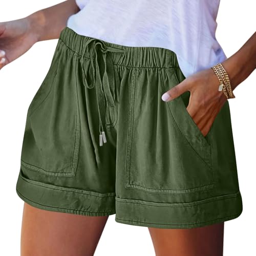 Womens Elastic Waist Drawstring Shorts Summer Lightweight Beach Shorts Cotton Linen Short Pants with Pockets