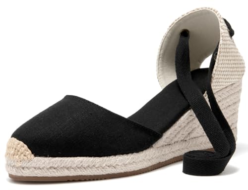 Image of Womens Espadrille Wedge Sandals Closed Toe Platform Lace Up Ankle Strap Slingback Summer Dress Shoes