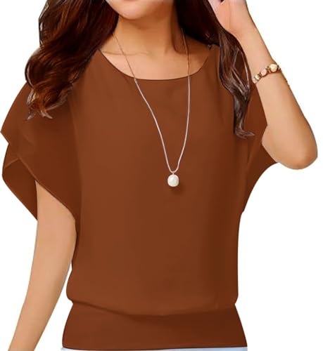 VIISHOW Women's 2023 Summer Casual Double Layered Chiffon Blouse Batwing Short Sleeve Lightweight Chiffon Top Stretchy Business Work Shirts,Caramel,X-Large