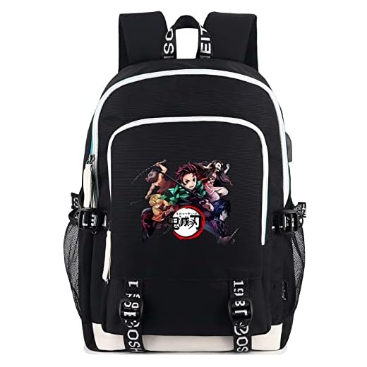 Roffatide Anime Demon Slayer Mochila para Niños Mochila para Portátil de 15,6 Pulgadas con Puerto de Carga USB y puerto para Auriculares Negro