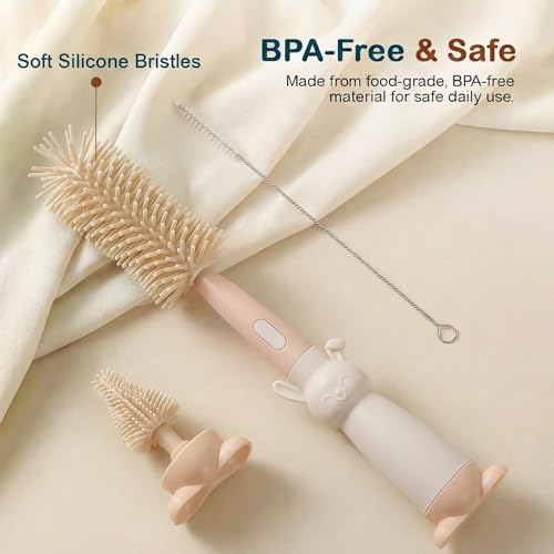 Image of TONY STARK Baby 3-in-1 Silicone Bottle Cleaning Brush Set | 360 Rotatable Handle, BPA-Free Soft Bristles for Cleaning Bottles, Nipples & Pacifiers Safely (Cream)