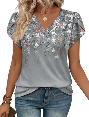 WIHOLL Womens Blouses Dressy Casual Short Sleeve Shirts Spring Business Work Floral Summer Tops Plus Size Fashion Clothing V Neck Tshirts Grey XXL