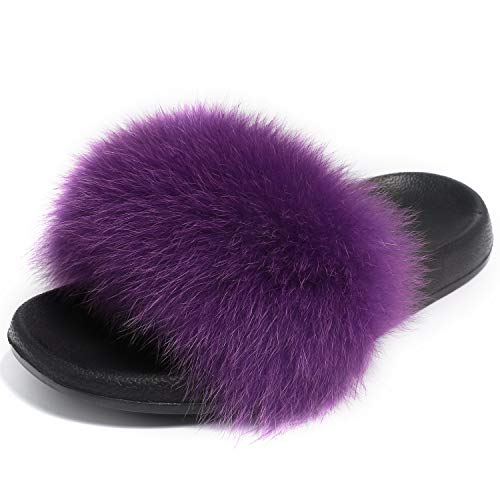 Valpeak Fur Slippers Slides for Women Open Toe Fuzzy Fur Slippers Girls Fluffy House Slides Outdoor (Purple, 9-10)