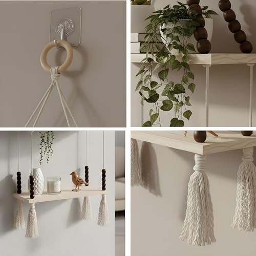 Image of 2-Tier Hanging Shelf with Wall Hook, Use Decor Plants, Books, Decorative Gift Items Nursery Livingroom Wooden Beads & Ring, Tassels Woven Bohemian