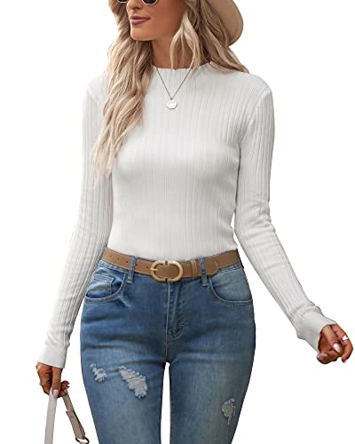 OUGES Damen Pullover Mock Neck Strickpullover Pulli Herbst Winter Basic Top Passform Langarmshirt Winterpullover(Weiß,S)