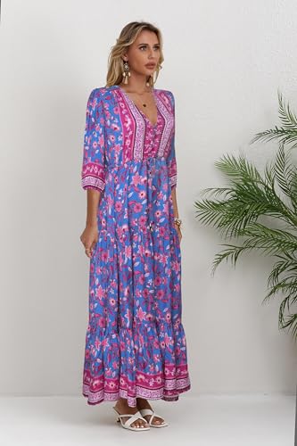 Image of Women Short Sleeve V Neck Floral Print Casual Bohemian Maxi Dresses