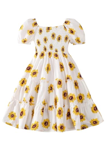 Floral Print Smocked Dress, White with Flower, Princess Style