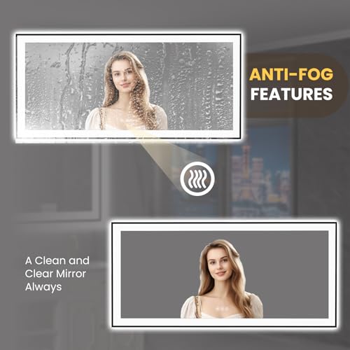LOAAO 60"X30" LED Bathroom Mirror Black Framed, Anti-Fog, Dimmable, Lighted Bathroom Vanity Mirror for Wall, Memory Function, Tempered Glass