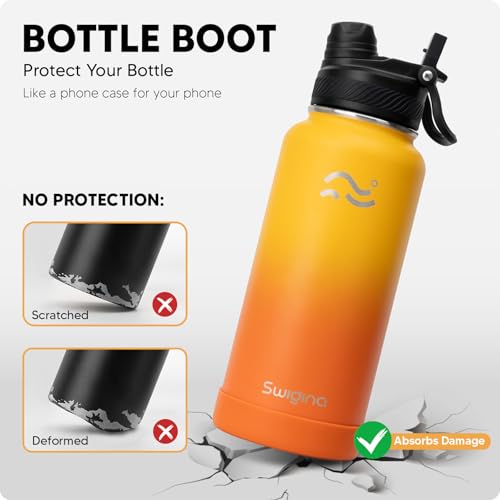 Image of Swigina [2-IN-1 LID] Insulated Water Bottle with Silicone Boot (36hrs Cold /18hrs Hot) - DIY Stickers, Leakproof, BPA Free, 32 oz