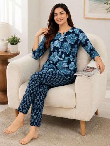 Image of Women's Cotton Night Suit Set, Printed Top and Pyjama, Casual Loungewear Sleepwear for Womens Girls