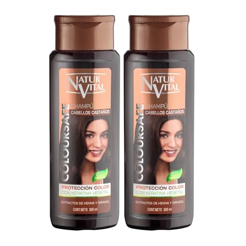 NaturVital - Champú Colorante ColourSafe para Cabellos Castaños, Sin Parabenos ni Siliconas, para Pelo Teñido o Natural, con Keratina Vegetal, Protege el Color, 300 ml (Paquete de 2)