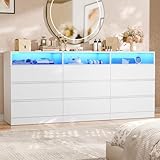 STIKELY 9 Drawer Dresser for Bedroom with Power Outlet and LED Light, Black Dresser Chest of Drawers for Closet, Modern Dressers Organizer Cabinet for Living Room, Entryway, Hallway (White)