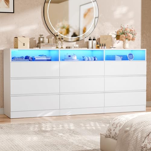 STIKELY 9 Drawer Dresser for Bedroom with Power Outlet and LED Light, Black Dresser Chest of Drawers for Closet, Modern Dressers Organizer Cabinet for Living Room, Entryway, Hallway (White)