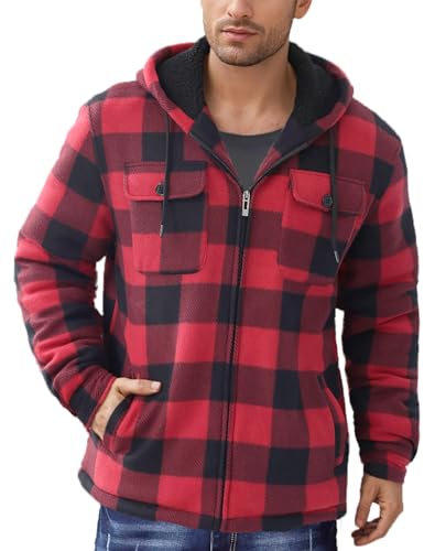 unbowirtu Full Zip Hoodies Sherpa Fleece Lined Winter Warm Men Sweatshirts Drawstring Thick Flannel Plaid Jacket Essential Fashion Heavyweight Coat Red XX-Large