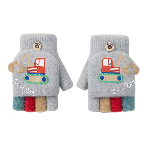 TINAYAUE Kids Fingerless Gloves Mittens Cartoon Convertible Flip Top Cycling Warm Knit Gloves for Boys Girls 3-5 Years