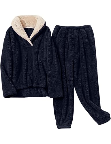Image of Mens Fluffy Coral Fleece Pajamas Set Pullover Pants Loose Plush Warm Loungewear Sleepwear