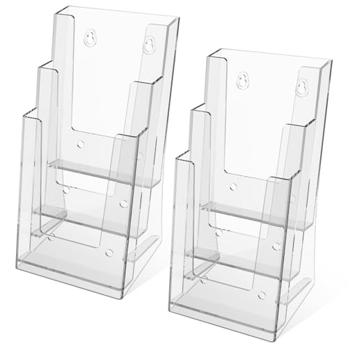 2 Pcs Brochure Holder, 3 Tiers Clear Acrylic Brochure Display Stand, Multifunctional Literature Rack, for Home Office Countertop Wall, for Brochures Poster Magazine Menu
