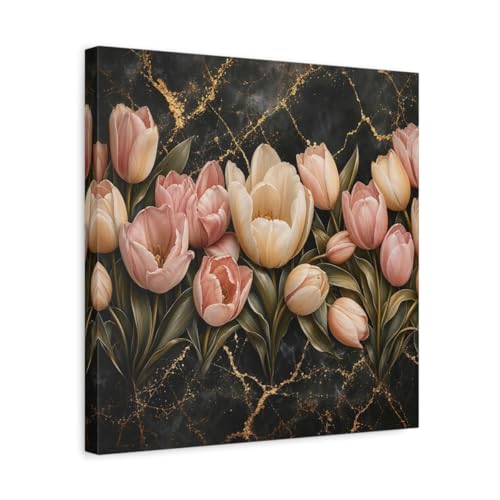 Toile Florale Tulipes Rose et Or pour Réveiller un Mur Blanc de Salon Terne