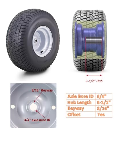 WANDA Lawn Mower Tractor Tire & Wheel 18X8.50-8 Turf with 3/4\" Bushing 3/16\" Keyway 3-1/2\" offset Hub Silver Wheel-13028,PK 2