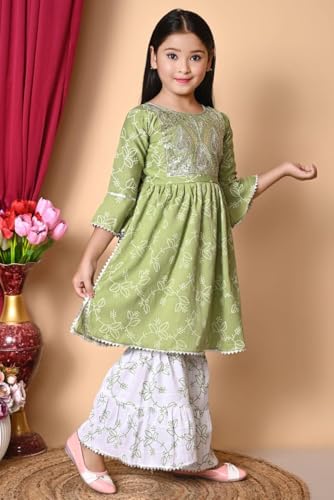 Image of Nfashion Kids Ethnic Wear Cotton Floral Printed Angrakha Kurta Sharara Set For Girls