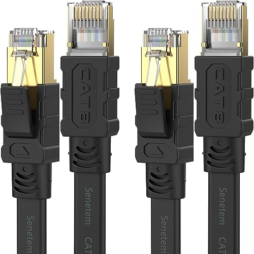 Senetem Cat8 Ethernet Cable 10FT 2-Pack, 40Gbps Flat RJ45 LAN Network Cable | Flat shielded Cat 8 cable supports 40Gbps/2000MHz for gaming/PC/PS5/4/3/ Xbox/modem and router. Outdoor & indoor patch cord