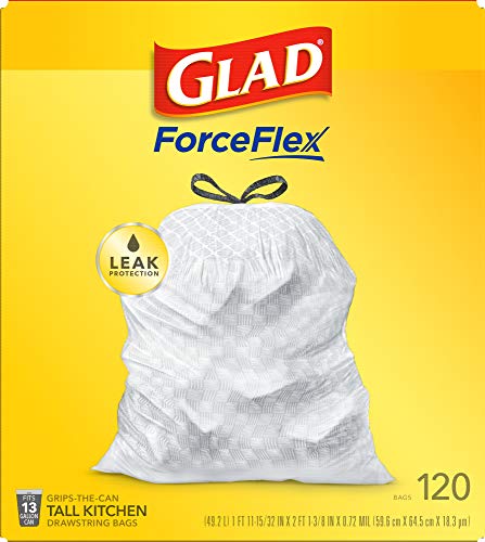 Glad ForceFlex Tall Kitchen Drawstring Trash Bags – 13 Gallon White Trash Bag, Unscented – 120 Count (Package May Vary)