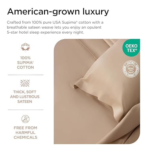 Image of Threadmill 1200 Thread Count Supima Cotton Full Sheet Set, Sateen, Beige | 100% Supima Cotton, Sateen Weave, 4-Piece Set, Hotel Quality, OEKO-TEX Certified, Machine Washable