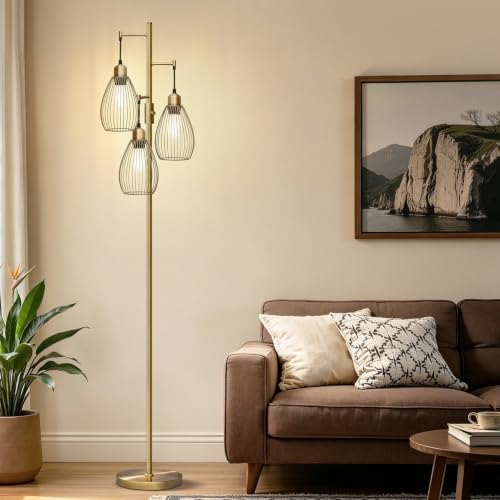 Image of Dimmable Floor Lamp, 3 x 800LM LED Edison Bulbs Included, Farmhouse Industrial Floor Lamp Standing Tree Lamp with Elegant Teardrop Cage Tall Lamps for Living Room Bedroom Office Dining Room-Brass