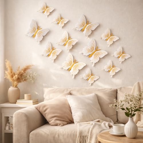 Image of CraftVatika 3D Butterfly Wall Stickers for Home Decor with Sticking Pads 12 Pieces | White Gold DIY Butterfly Wall Decoration for Living Room Bedroom Kids Room | Home Decoration Ornament for Door