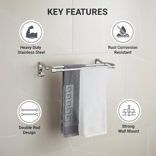 Image of Filox Stainless Steel Towel Rod (24 Inch) | Wall Mounted Bathroom Towel Holder Bar Set | Rust Proof Heavy Duty Towel Rack Stand | Bathroom Accessories for Home, Kitchen & Wash Basin (Pack of 3)