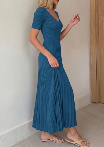 PRETTYGARDEN Women's 2026 Spring Midi Sweater Dresses Elegant Pleated Ribbed Knit Short Sleeve V Neck A Line Summer Outfits (Dark Blue,XX-Large) — view 4