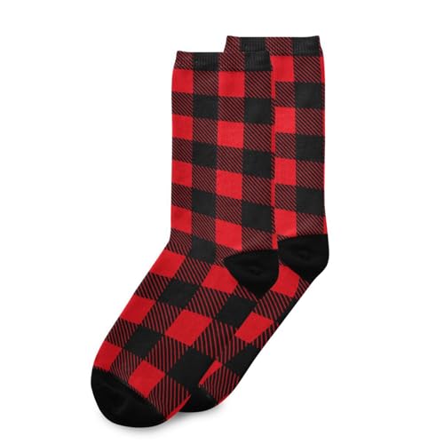 Crew Socks for Men Buffalo Plaid Mens Crew Socks for Hiking Sports Running Red Black3