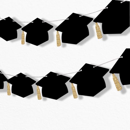 Black & Gold Graduation Cap Party Decorations - Garland Banner - 15pc