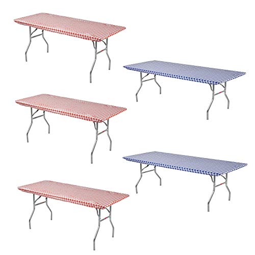 Image of Kwik-Covers 6' Rectangle Plastic Table Covers 30 inch x 72 inch, Bundle of 5 (Red & Blue Gingham)
