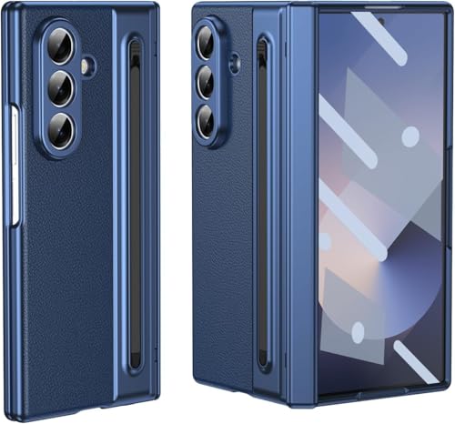 Image of amazon basics Luxury Vegan Leather Case for Samsung Galaxy Z Fold 6 - Ultra Slim Protective Cover with Integrated S Pen Holder & Raised Camera Guards - Blue