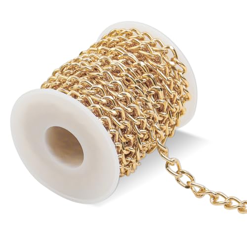 TOKSEO 5 m in alluminio con bobina, catena a maglie dorate, al metro, non sbiadisce, 6,5 x 10 mm, adatta per collane, bracciali e gioielli fai da te