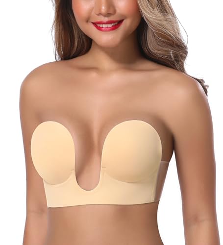 Image of JOATEAY Sticky Bra - Deep Plunge Strapless Push Up Reusable Underwire Adhesive Bra for Women Backless Dress Partywear Wedding