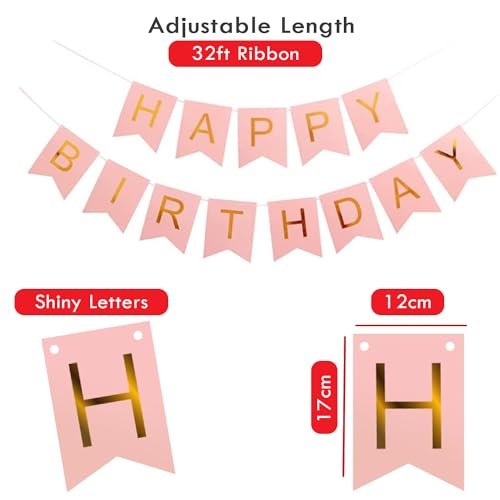 Buygain Happy Birthday Banner and Bunting, Rose Gold Birthday Decoration 12inch Balloons, Ribbons and Birthday Banners, Wall Hooks, A Perfect Happy Birthday Decorations.