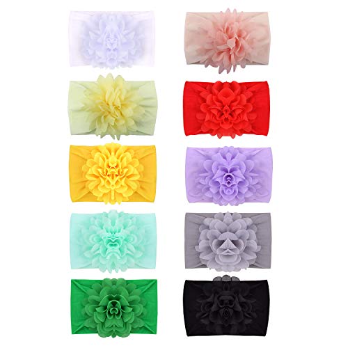 inSowni 10 Pack Newest Super Stretchy Wide Nylon Headbands with Big Chiffon Flower for Baby Girls Toddlers Infants Newborns Kids