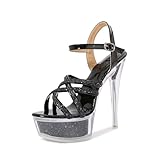 Fantoesay Women's Platform Sandals Sparkling Glitter Strappy Stiletto High Heels Sexy Clear Sandals Black US10