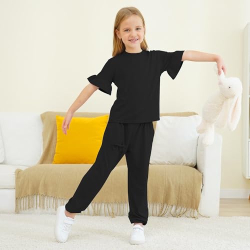 Jimonda Kids Girls Outfits Ruffle Sleeve T-Shirt and Pants Set with Side Pockets Clothing Set 2 Piece 4-13 Years Old2