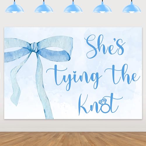 She's Tying The Knot Backdrop Blue She's Tying The Knot Bachelorette Party Decorations Bow Themed Photography Background Cloth Banner for Girls Bridal Shower Engagement Wedding Party Supplies 3x5ft